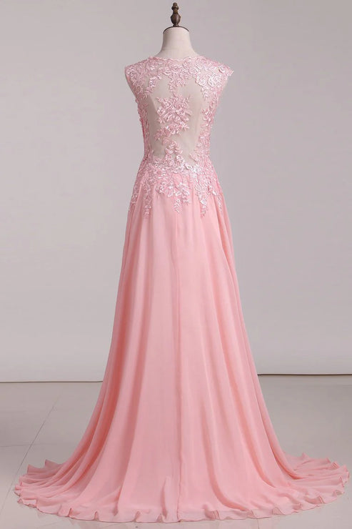 Luolandi A Line V Neck Party Dresses Chiffon With Applique Sweep Train Floor Length Evening Dress